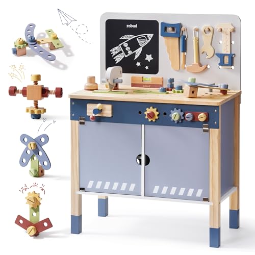 ROBUD Wooden Toy Workbench, Large Kid's Wooden Play Tool, Pretend Play Creative Building Set, Construction Workshop Tool Bench Toys, Gift for Girls & Boys, 3+ - WoodArtSupply