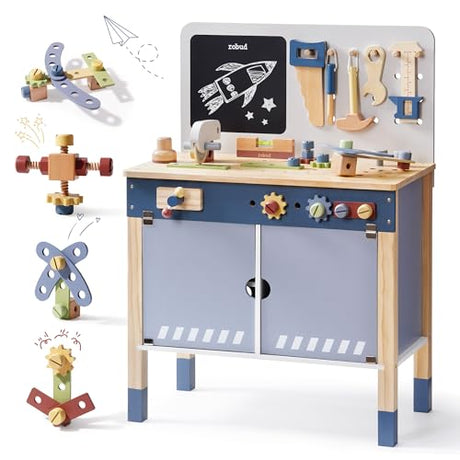 ROBUD Wooden Toy Workbench, Large Kid's Wooden Play Tool, Pretend Play Creative Building Set, Construction Workshop Tool Bench Toys, Gift for Girls & Boys, 3+ ROBUD