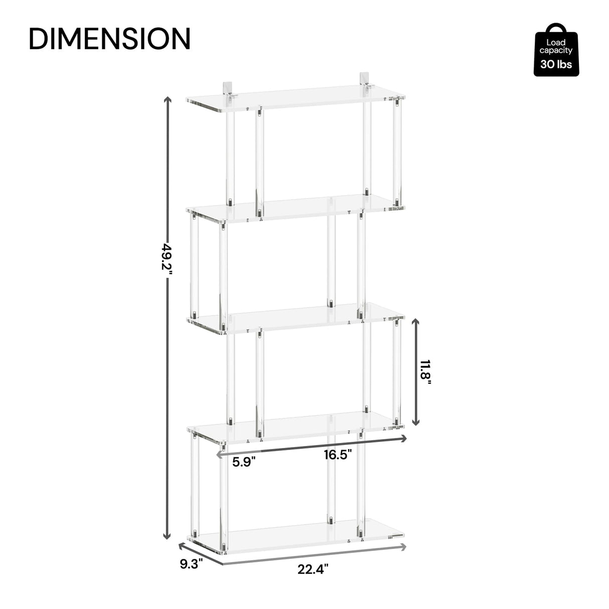 CRTERICX Acrylic Geometric Bookshelf, 5-Tier Clear S Shaped Bookcase, Modern, Unique Book Shelf for Living Room, Bedroom, Office, 9.3" D x 22.4" W x 49.2" H, Easy Assembly CRTERICX