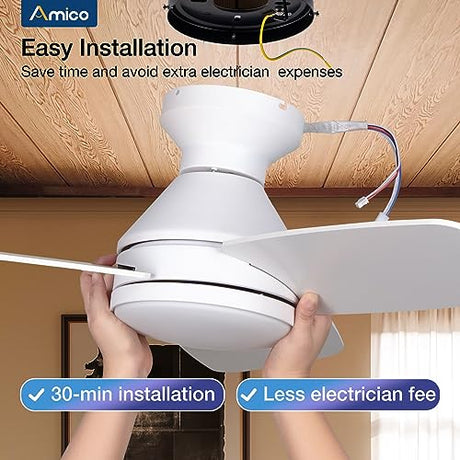 Amico Ceiling Fans with Lights, 30 inch Low Profile Ceiling Fan with Light and Remote Control, Flush Mount, Reversible, 3CCT, Dimmable, Noiseless, White Ceiling Fan for Bedroom, Indoor/Outdoor Use Amico