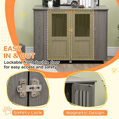 PawHut Dog Crate Furniture, Wooden End Table Furniture with Lockable Magnetic Doors, Extra Large Size Pet Kennel Indoor Animal Cage, Gray - WoodArtSupply