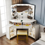 SKKTKT Vanity Desk with Charging Station & LED Lights Mirror – Corner Design HD Triple Mirror Makeup Vanity Table Set with Storage Drawers & Chair for Living Room/Bedroom Ideal Gift (White) SKKTKT
