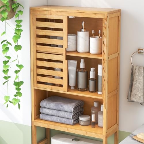 Tangkula Over The Toilet Storage Cabinet, Tall Natural Bamboo Bathroom Shelf Over Toilet with 2 Doors & Open Shelf, Freestanding Toilet Bathroom Space Saver, 24.5 x 9 x 67 Inch (Natural) - WoodArtSupply