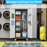 GangMei Metal Broom Closet Storage Cabinet, Garage Storage Cabinet with Wheels, Pegboard, Lockable Doors, 4 Adjustable Shelves for Garage, Home, Black and White, 71" H x 31.5" W x15.75 D GangMei