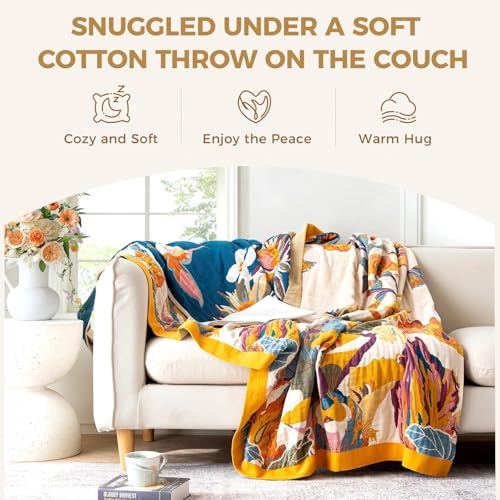King Throw Blanket for Bed 100% Cotton Boho Soft Rustic Quilt Butterfly and Floral Double Embroidery Breathable Spring Bed Blanket,90"x108" All Season Blankets for Bedding Couch Home Decor LUTBM