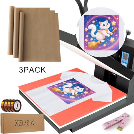 XEUZK Sublimation Shirts Tool Pink Kit With 8T Shirt rulers, 3Pack Teflon Sheet for Heat Press 12 x 16in, Heat Resistant Gloves & Silicone Bumps, 4Rolls Heat Resistant Tape& Tape Dispenser Sublimation XEUZK