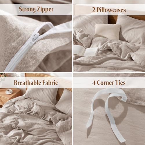 LBRO2M 100% France Linen Duvet Cover Set King Size 3 Pcs Natural Flax Comforter Cover with Zipper Closure 2 Pillowcase Breathable Duvet Cover (Linen King) LBRO2M