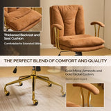 VINGLI Home Office Desk Chair Comfy with wheels&Removable Armrests,Gold Base Vanity Chair with Back,Adjustable Rolling Swivel Computer Task Chair for Study,Makeup,Office,Bedroom,Microfiber/Suede,Brown VINGLI