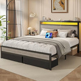Fluest Queen Bed Frame,Queen Bed Frame with Storage Headboard & 2 Storage Drawer, Charging Station & LED Light, No Box Spring Needed, Noise Free, Easy Assembly, Rustic Grey Fluest
