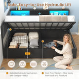 Hasuit Corner Full Lift Up Storage Bed Frame with Charging Station & LED Lights, Full Day Bed with Upholstered Headboard and Bookcase, Corner Beds with Hydraulic for Kids Teens Guests, Black Hasuit
