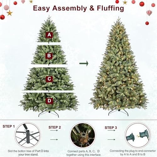 Treepool 8FT Pre-Lit Artificial Christmas Tree with 2748 PE&PVC Mixed Branch Tips, 600 Warm White Lights, Hinged Premium Spruce Fake Xmas Trees, Green, Foldable Base