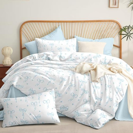 Bildenly Comforter Set Full Size White - Light Blue Bow Quilt Bedding Set 3 Pieces, Comforter Set Full, Soft & Lightweight Comforter(79‘’ x 90‘’) for Girl All Season & 2 Pillow Cases(30‘’x20‘’) Bildenly