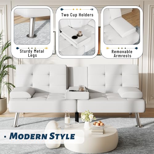 Furmax Futon Sofa Bed Adjustable Futon Couch Sleeper Sofa Bed for Living Room, Business Office, Recliner Sofas with Cup Holders (PU Leather, White) Furmax