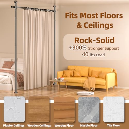 Room Divider No Drilling Curtain Rod Wall Divider for Room Separation, 4-10ft(H) 28-70inch(W) Adjustable,Heavy Duty Floor to Ceiling Portable Hanging Wall Divider for Space Partitions,Black Daurore paw