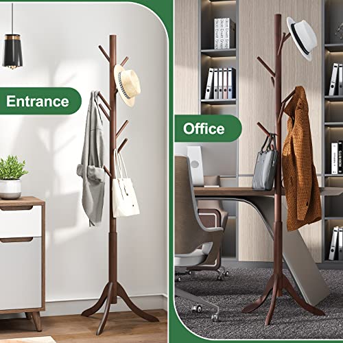 kiplant Bamboo Wood Coat Rack Stand, Freestanding Coat Tree with 8 Hooks, Hallway Entryway Hat Hanger Organizer Standing for Bedroom, Office, Clothes, Jackets, Bags, Umbrallas kiplant