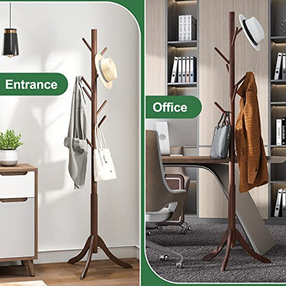 kiplant Bamboo Wood Coat Rack Stand, Freestanding Coat Tree with 8 Hooks, Hallway Entryway Hat Hanger Organizer Standing for Bedroom, Office, Clothes, Jackets, Bags, Umbrallas