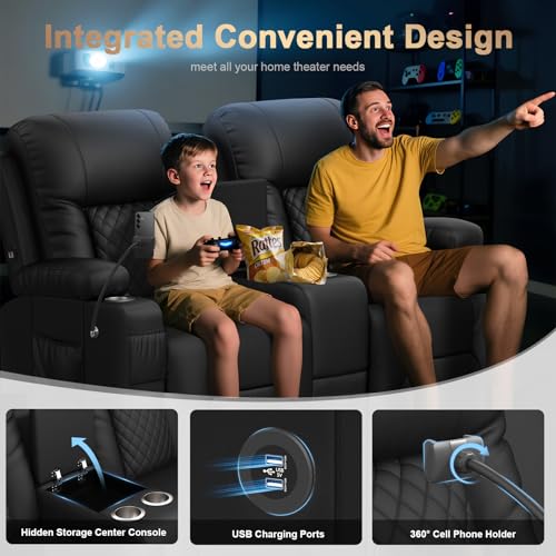 DG PEAFOWL Recliner Sofa Set, Loveseat Recliner Couch and 2 PCS Recliner Chair with Heat & Massage, Home Theater Seating with Console, Drawer, USB Ports & Phone Holders, Reclining Loveseat for Theater