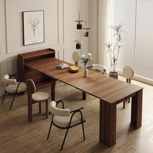 DMAITH 20"-99" Extendable Dining Table with Storage for 2-10 People, Modern Modular Extension Table, Space-Saving Extra Long Folding Dining Table, Multifunctional Conference Meeting Table, Walnut DMAITH