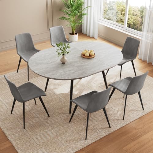 HIPIHOM 43.3"-59.1" Extendable Round Dining Table Set, Kitchen Table for 6 Person with Scratch-Resistant Thickened MDF Board, Gray Coffee Table w/Metal Legs HIPIHOM