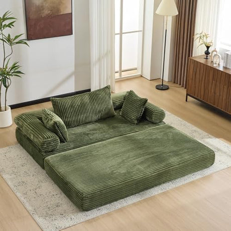 VINGLI Convertible Futon Sofa Bed, Upholstered Corduroy Boneless Couch King Size Floor Loveseat Sleeper Sofa with 2-in-1 Throw Pillow, Couches for Living Room, Bedroom, Lounge, Green VINGLI