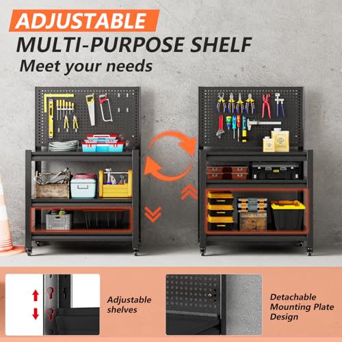 Workbench with Pegboard, Adjustable Shelving Work Table, Mobile Workstation with Lockable Wheels for Garage Warehouse Workshop Office, 47.2" H x 33.5" W x 18" D, Black Jaqiumn