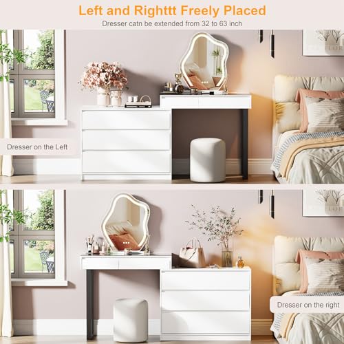 MIIFUNY Corner Makeup Vanity Desk with Mirror and Lights, 58" Modern L-Shaped Vanity Table with Glass Top, Large Dressing Table with 2 Drawers & 3 Tier Dresser for Bedroom, White MIIFUNY