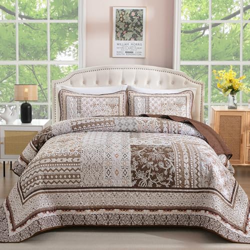 WONGS BEDDING Brown Quilt Set Queen Size,Bobo Floral Bedspread Coverlet Set, 3 Pieces Bohemian Patchwork Floral Pattern Bedspreads Bedding Quilt Set for All Seasons (96"x90") WONGS BEDDING