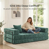 WELAX 77" Convertible Sleeper Sofa Bed, Boneless Cloud Queen Futon Couches with 2 Pillows & Removable Armrests, Chenille Folding Floor Couch No Assembly for Bedroom, Living Room, Green WELAX