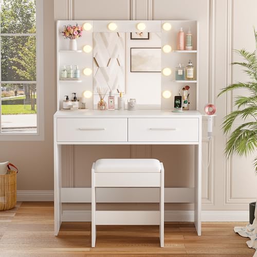 YESHOMY Vanity Desk with Mirror, Makeup Table with 2 Large Drawers, Power Outlet and Round Holder, 3 Color Modes Adjustable Bulb, Bench Included, Easy Assembly, Gloss White YESHOMY