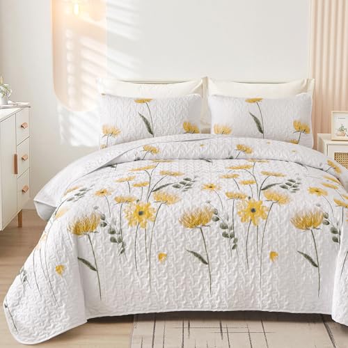 Dinjoy Quilt Set Queen Cute Floral Bedspread Coverlet Yellow Flower Quilts Microfiber Lightweight Summer Bedding Sets Reversible Soft Quilted Bed Cover for All Season(96"x90") Dinjoy
