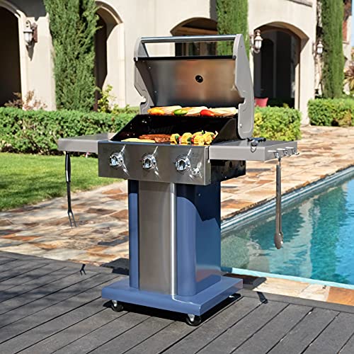 Permasteel 3-Burner Propane Gas Grill, 30,000 BTUs BBQ Grill with Cast Iron Grates, Foldable Side Tables & Tool Hooks, Outdoor Grill, Azure Permasteel