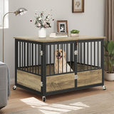 DWVO Dog Crate Furniture with Wheels, 43 Inch Dog Kennel Indoor Furniture End Table Dog Crate for Dogs, Farmhouse Decorative Wooden Dog Cage Table with Double-Doors, Chew-Resistant, Greige DWVO