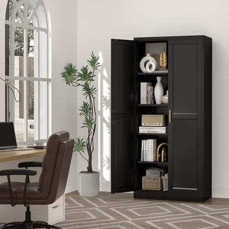 UNICOLY 71" Kitchen Pantry Cabinet, Pantry Storage Cabinet with Doors and 4 Shelves, Metal Storage Cabinets for Kitchens, Living Room, Dinning Room, Assembly Required, Black UNICOLY