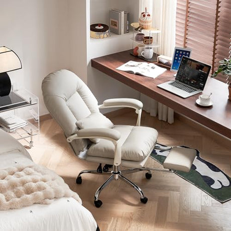 EMIAH Ergonomic Office Chair with Foot Rest Criss Cross Chair with Wheels Reclining Executive Office Chair Mid Back PU Leather Swivel Computer Chairs Lumbar Support for Home Office (Beige) EMIAH