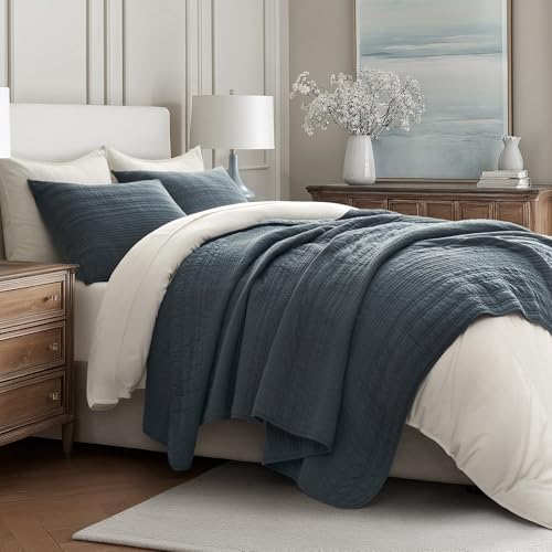 EVERGRACEHOME 100% Cotton Modern Lines Quilt Set King Size, Pre-Washed Soft Striped Coverlet Bedspread, 3 Piece Lightweight Bedding Set for All Season, with 2 Pillow Shams, Midnight Blue EVERGRACEHOME