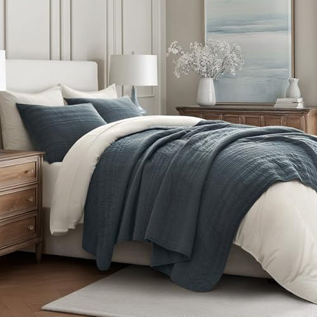EVERGRACEHOME 100% Cotton Modern Lines Quilt Set King Size, Pre-Washed Soft Striped Coverlet Bedspread, 3 Piece Lightweight Bedding Set for All Season, with 2 Pillow Shams, Midnight Blue EVERGRACEHOME