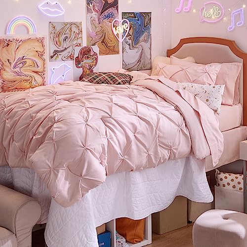 Bedsure Twin Comforter Set Pink for Women - Bed in a Bag Twin Size Bedding 5 Pieces, GentleSoft™ Pintuck Bed Set Gift for Family, Pinch Pleat Pink Comforter with Sheets, Pillowcase & Sham Bedsure
