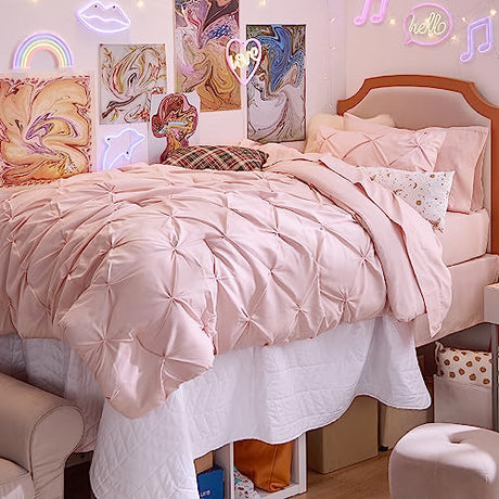 Bedsure Twin Comforter Set Pink for Women - Bed in a Bag Twin Size Bedding 5 Pieces, GentleSoft™ Pintuck Bed Set Gift for Family, Pinch Pleat Pink Comforter with Sheets, Pillowcase & Sham Bedsure