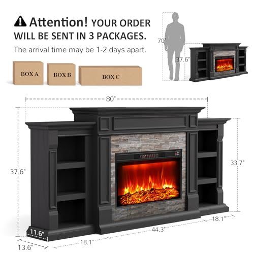 Naice 80" Electric Fireplace with Mantel, Fireplace TV Stand for TVs Up to 90", Modern Entertainment Center, Realistic Stacked Stone Surround 30" 3D Realistic Flame Heater Ideal for Living Room,Black Naice