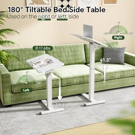 Gibbon Mounts Rolling Laptop Desk, 180° Tiltable Mobile Standing Desk Height Adjustable, Overbed Bedside Table, 32inch Portable Computer Desk with Lockable Wheels, Foldable Cart for Home Office, White Gibbon Mounts
