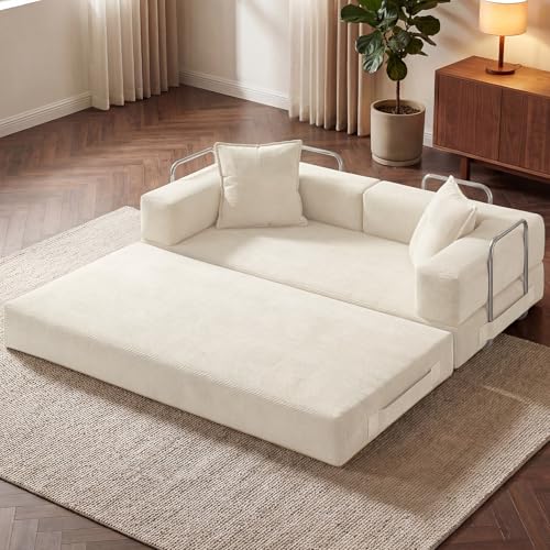 GRUSIGN 78 Inch Convertible Sofa Bed, 5-in-1 Futon Sofa Bed Pull Out Couch, Boneless Couch Bed for Living Room, Corduroy Boneless Couches for Bedroom, Apartment, No Assembly Sleeper Sofa Bed, Beige GRUSIGN