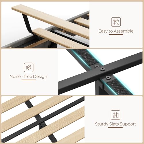 Rolanstar Twin Bed Frame with Drawer, Storage Headboard with Charging Station and LED Lights, Upholstered Bed with Heavy Duty Wood Slats, No Box Spring Needed, Noise Free, Easy Assembly, Dark Grey Rolanstar