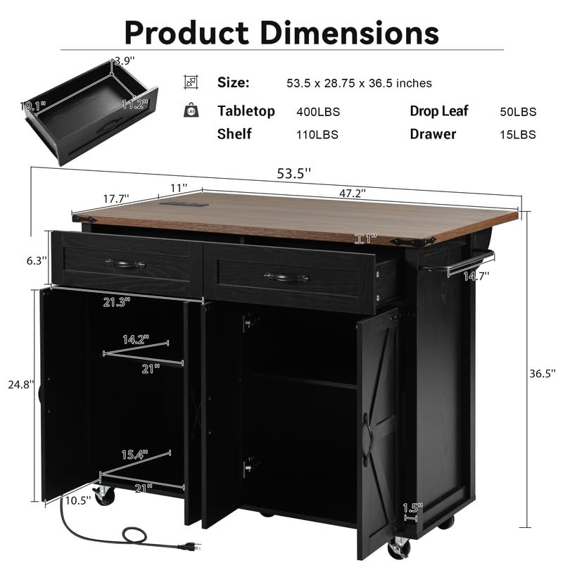 53.5''Farmhouse Kitchen Island with Power Outlet, Kitchen Storage Island with Drop Leaf, Spice Rack and Drawer, Rolling Kitchen Cart on Wheels, for Home, Kitchen and Dining Room, Black HomeGearTech
