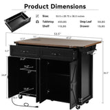 53.5''Farmhouse Kitchen Island with Power Outlet, Kitchen Storage Island with Drop Leaf, Spice Rack and Drawer, Rolling Kitchen Cart on Wheels, for Home, Kitchen and Dining Room, Black HomeGearTech