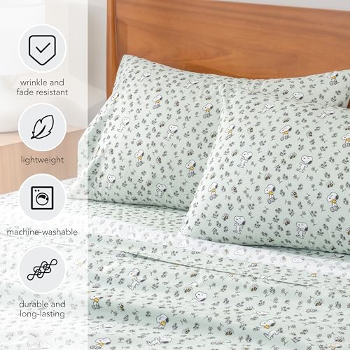 Berkshire Blanket Peanuts® Kids Sheet Set Full Size - 4 Pieces,Cute Character Snoopy Printed Soft Microfiber Bed Sheets,Mini Snoopy & Woodstock New Flower and Bees Sage Berkshire Blanket