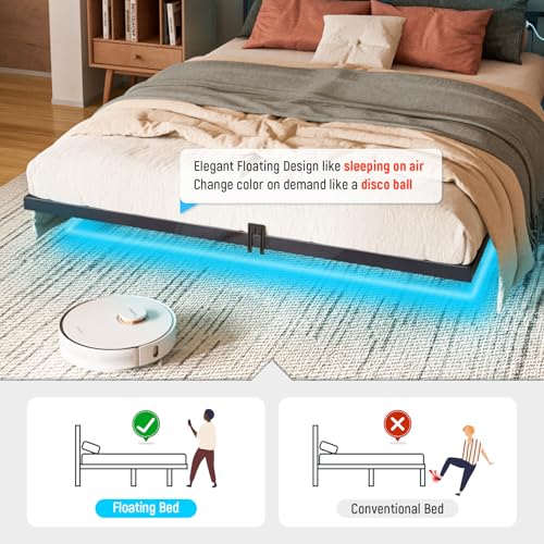 Domus Homeware Floating King Size Platform Bed Frame with LED Lights & Charging Station - Includes Powered Screwdriver for Assembly, Mattress Fasteners & Corner Pads, Hardened Steel Domus Homeware