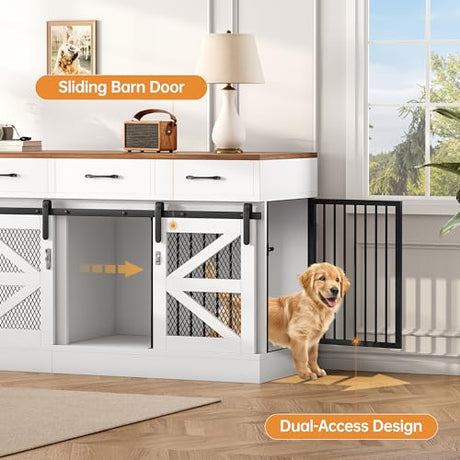 SELOOYE Dog Crate Furniture for 2 Dogs 71'' Extra Large Wooden Double Dog Crate TV Stand with Removable Divider, Multi-Functional Dog Cage with 4 Storage Drawers & 4 Doors for Large & Medium Dogs SELOOYE