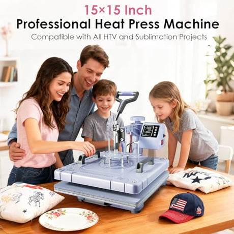 Seeutek 5 in 1 Heat Press Machine 15x15 Inch, Swing Away Sublimation Heat Transfer Press with 20oz & 30oz Tumbler Attachments for T-Shirts, Mugs, Hats & Plates, Lavender Seeutek