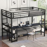 Full XL Over Twin Bunk Bed with Desk and Shelves, Metal Loft Bed with LED and USB, Multiple Placement, Black Bellemave