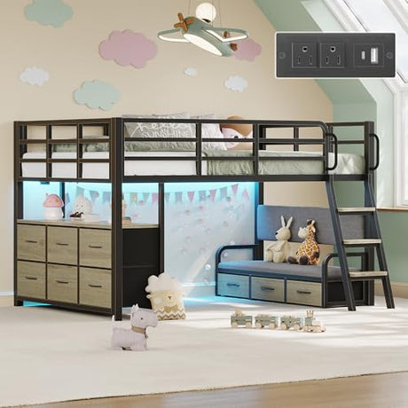 busyaeh Low Loft Bed Twin,Twin Loft Bed for Kids with 9 Storage Drawers & 15.8" H Safety Guardrail & Inclined Ladder & Safety Handrail & LED Lights and Charging Station (Oak Gray, Twin) busyaeh